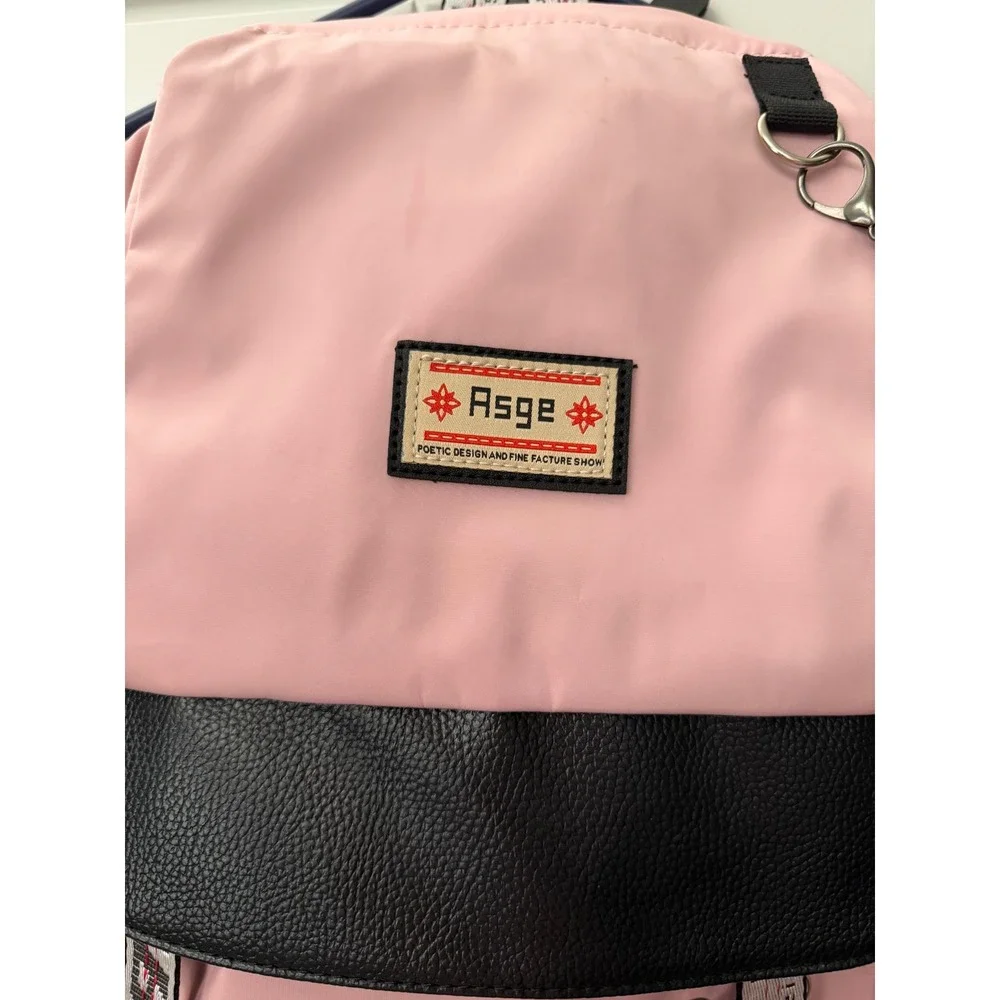 Asge Pink Black Nylon Backpack Harajuku Industrial Strap Lace Up School Bag NEW